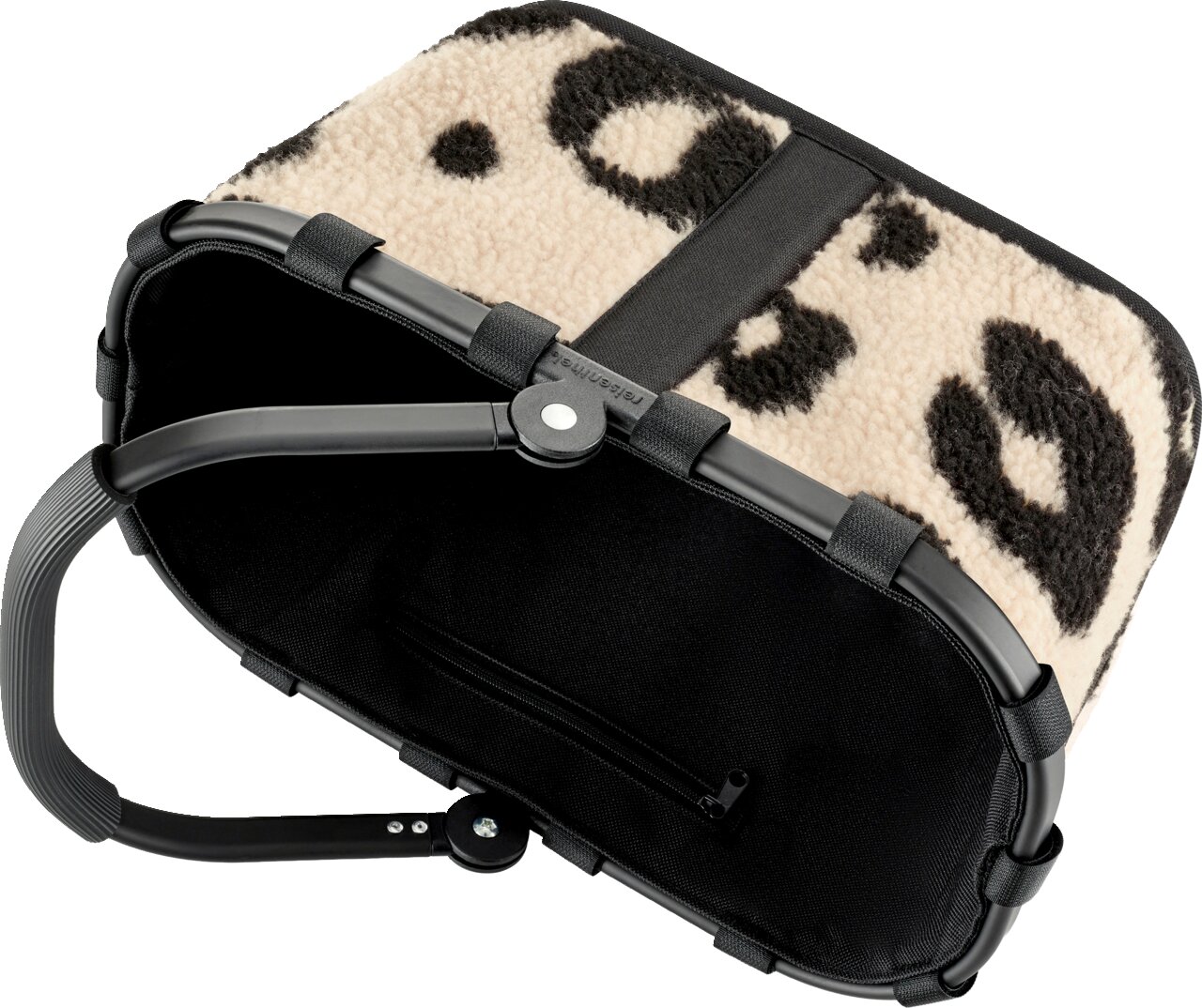 Faltbarer Einkaufskorb mit schwarzem Rahmen und schwarzem Stoffboden mit Reißverschlussfach, oben Teddyfleece in Beige mit Leopardenmuster; Ansicht schräg von oben/seitlich