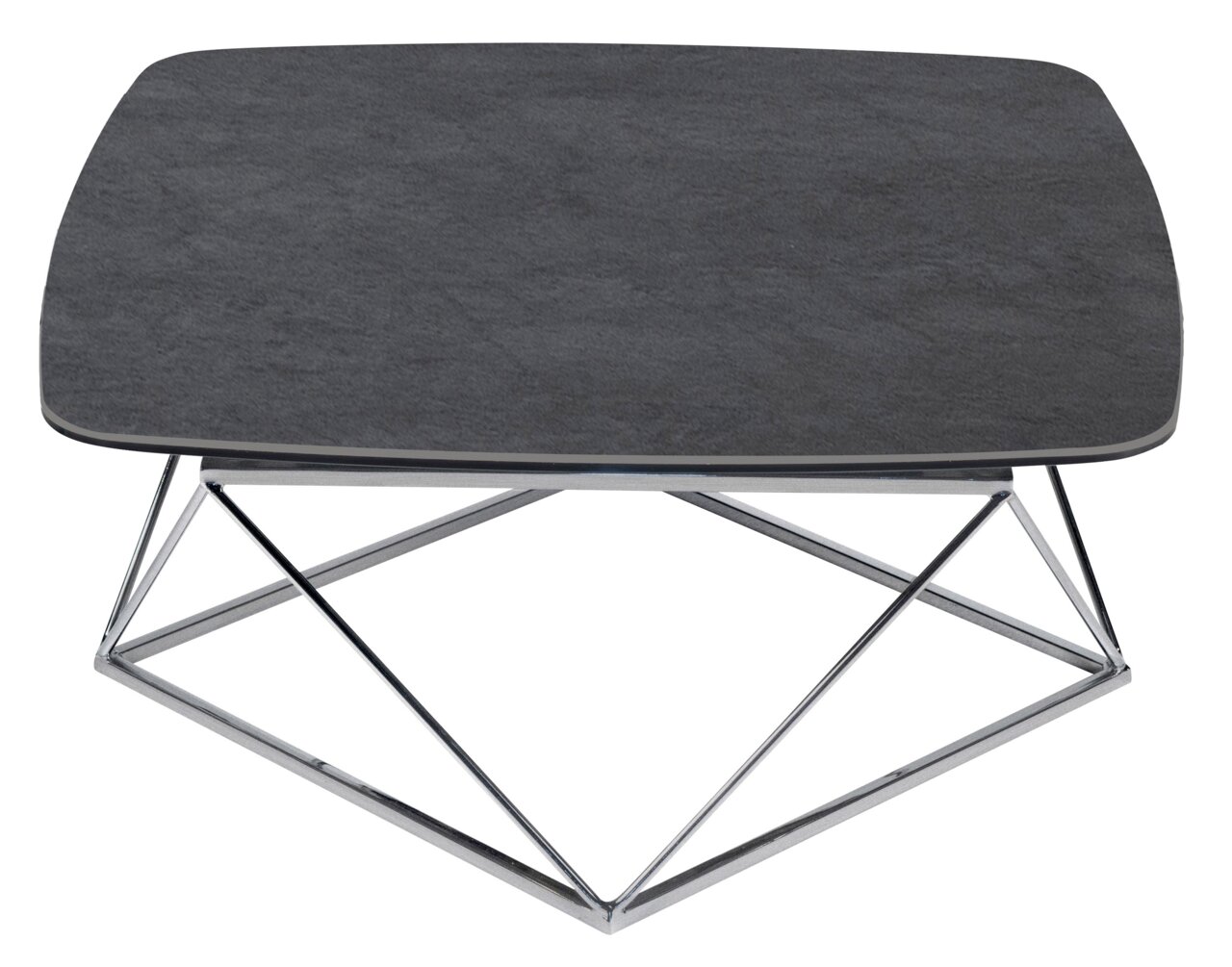 Moderner Couchtisch mit dunkler Tischplatte und geometrischem Metallgestell, Ansicht von oben.