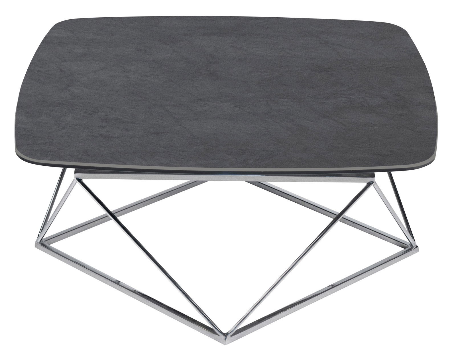 Moderner Couchtisch mit dunkler Tischplatte und geometrischem Metallgestell, Ansicht von oben.