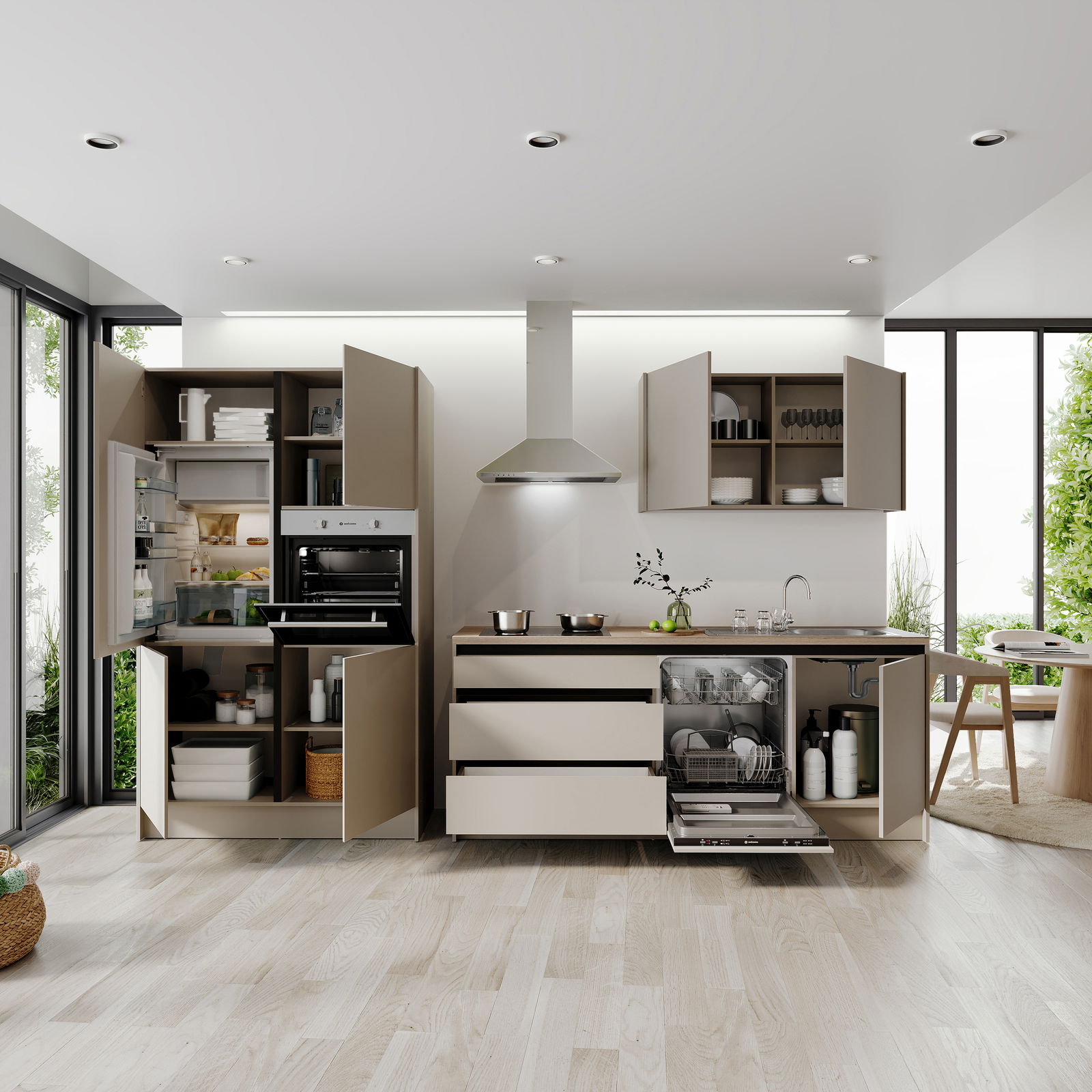 Moderne Küchenzeile mit offenen Schränken, eingebautem Ofen, Kühlschrank und Geschirrspüler, aus der Frontperspektive betrachtet.