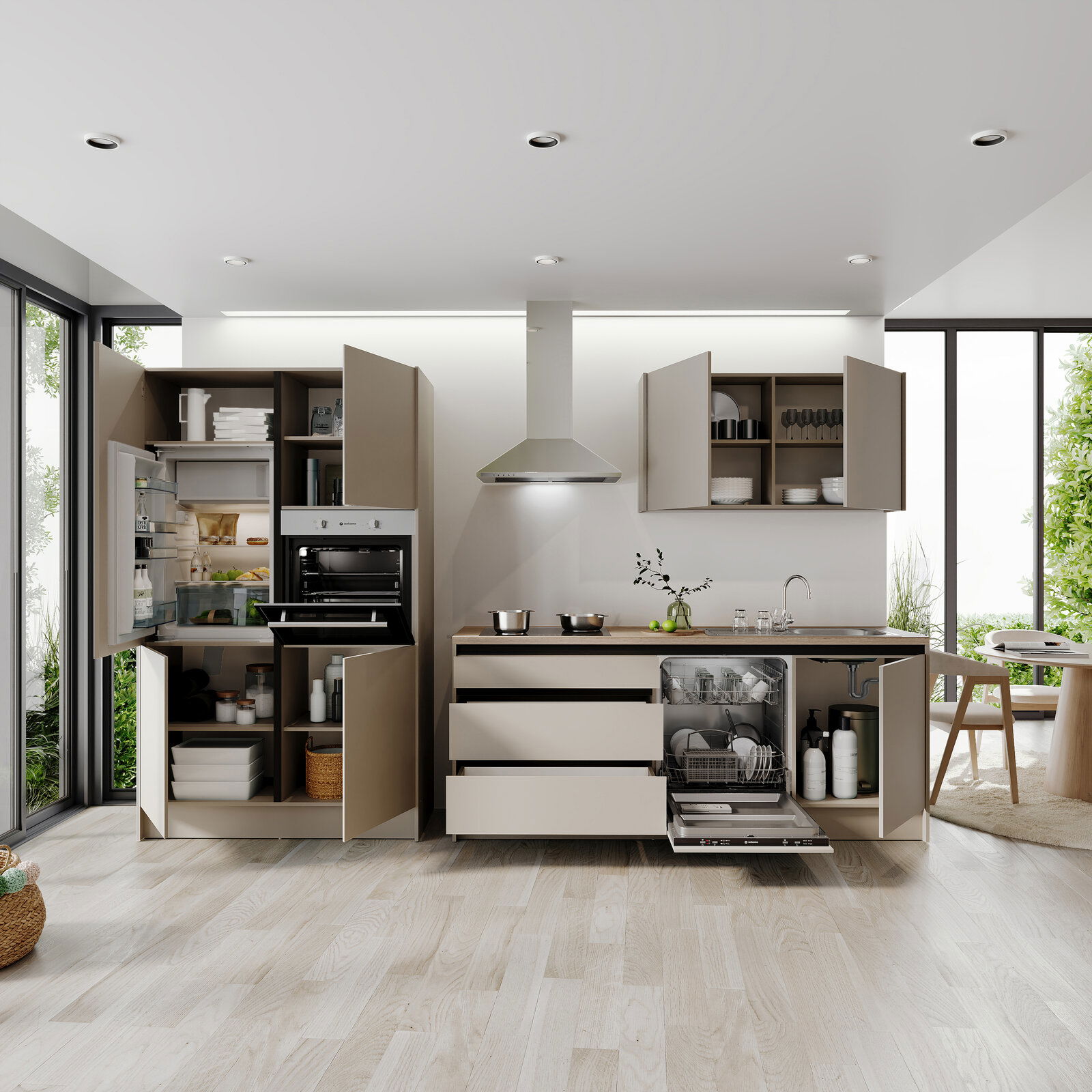 Moderne Küchenzeile mit offenen Schränken, eingebautem Ofen, Kühlschrank und Geschirrspüler, aus der Frontperspektive betrachtet.