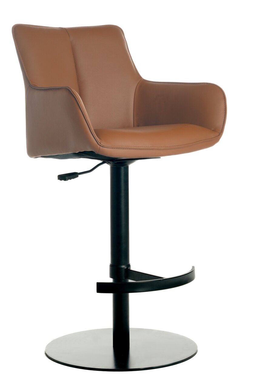 Novel Barhocker YUKI Moderner Barhocker mit braunem Lederbezug und schwarzem Metallgestell, seitliche Perspektive