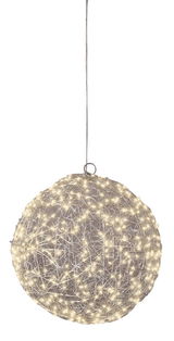 Hängende LED-Kugel aus Drahtgeflecht mit warmweißen Lichtern, seitliche Perspektive
