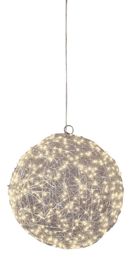 Lumineo LED-Kugel 28cm mit 400 LED``s Hängende LED-Kugel aus Drahtgeflecht mit warmweißen Lichtern, seitliche Perspektive