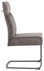 Seitenansicht eines modernen Freischwingers mit grauem Stoffbezug und schwarzem Metallgestell.