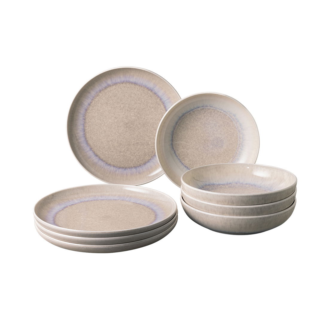 Like by Villeroy & Boch Tafelservice 8-tlg. PERLEMOR SAND Tafelservice 8-tlg. in sanften Beige- und Blautönen, bestehend aus flachen und tiefen Tellern, seitliche Perspektive