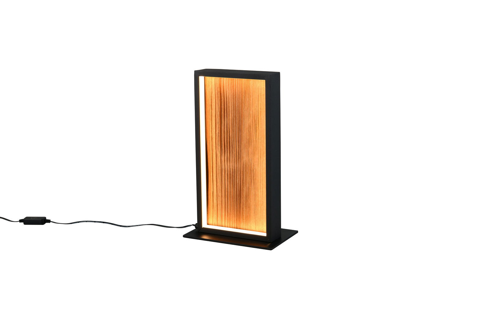 Moderne Tischleuchte mit rechteckigem Rahmen und warmem Licht, seitliche Perspektive