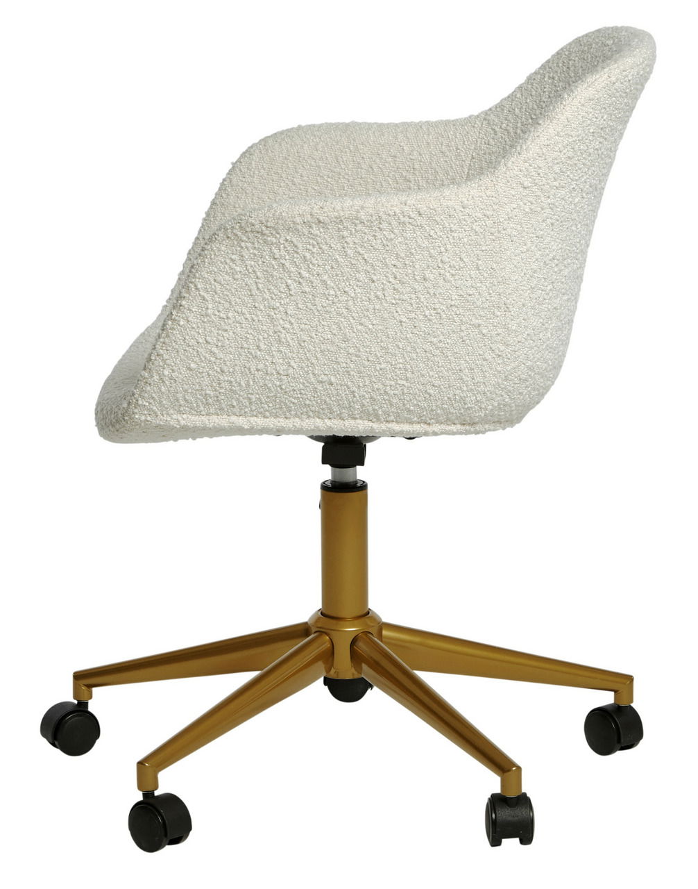 Seitenansicht eines modernen Bürostuhls mit weißem, strukturiertem Bezug und goldfarbenem Gestell auf Rollen.