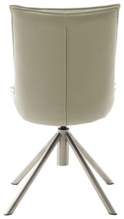 Rückansicht eines modernen Stuhls mit hellbeigem Bezug und Metallbeinen.