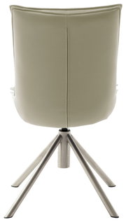 Rückansicht eines modernen Stuhls mit hellbeigem Bezug und Metallbeinen.