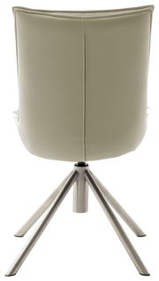 Rückansicht eines modernen Stuhls mit hellbeigem Bezug und Metallbeinen.