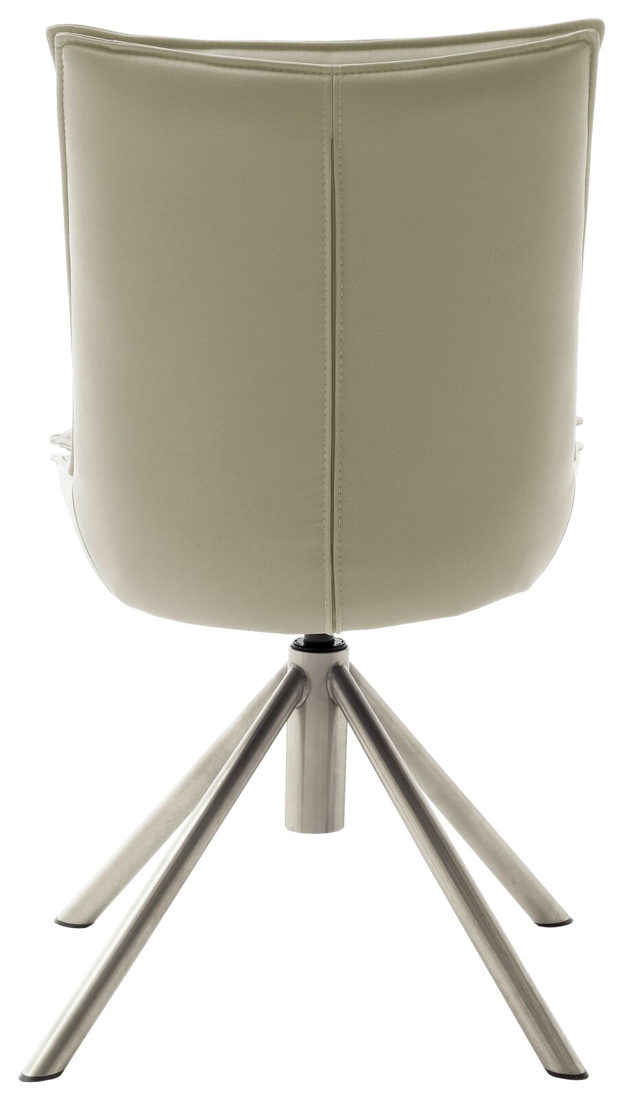 Rückansicht eines modernen Stuhls mit hellbeigem Bezug und Metallbeinen.