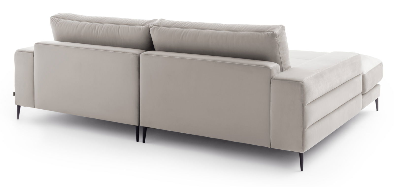 Rückansicht einer modernen, hellgrauen Longchairkombination mit schlanken, schwarzen Beinen.