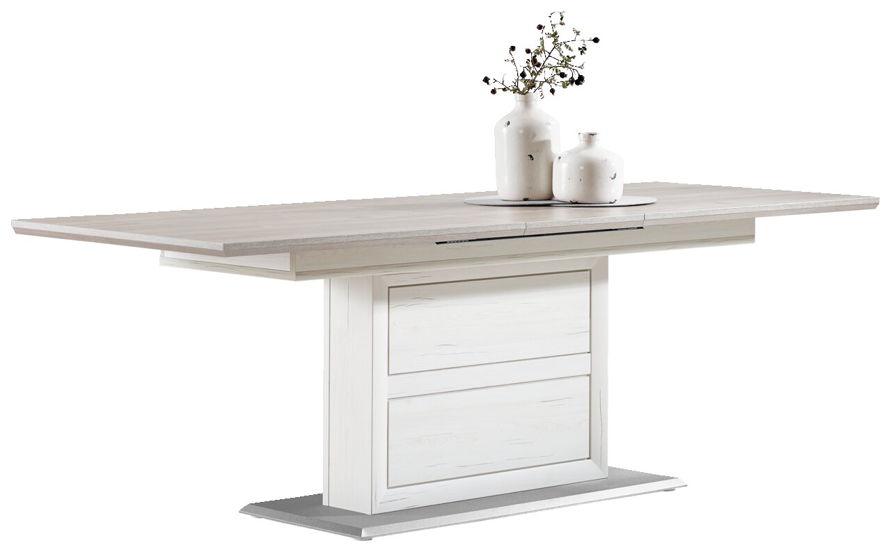 Hom´in Funktions-Esstisch CAMRON Moderner Funktions-Esstisch CAMRON in heller Holzoptik mit zentralem Standfuß, seitliche Perspektive, dekoriert mit zwei weißen Vasen.