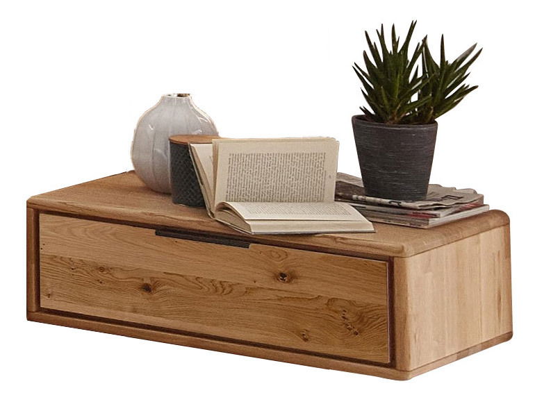 Nachtkonsole aus Holz mit Schublade, dekoriert mit einer Vase, einem Buch und einer Pflanze, seitliche Perspektive