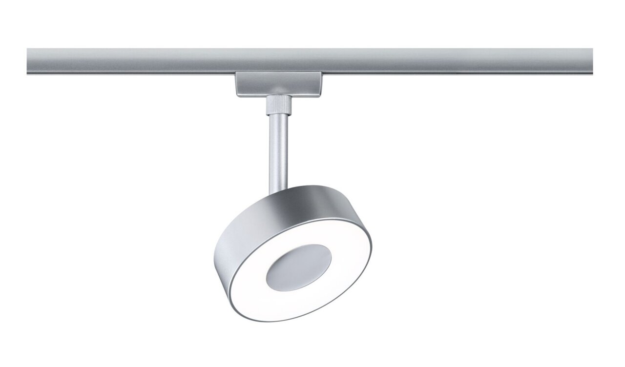 Silberner Schienenspot Circle in seitlicher Perspektive, montiert an einer Schiene.