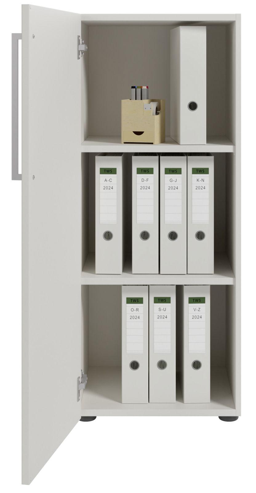 Offener Aktenschrank mit Linksanschlag, gefüllt mit Ordnern und einem Stiftehalter, Frontalansicht