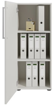 Offener Aktenschrank mit Linksanschlag, gefüllt mit Ordnern und einem Stiftehalter, Frontalansicht