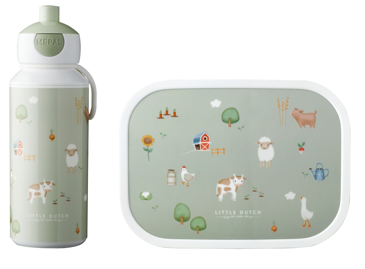 Lunchset Campus Little Farm mit Flasche und Brotdose, illustriert mit Bauernhofmotiven, aus der Vorderansicht.