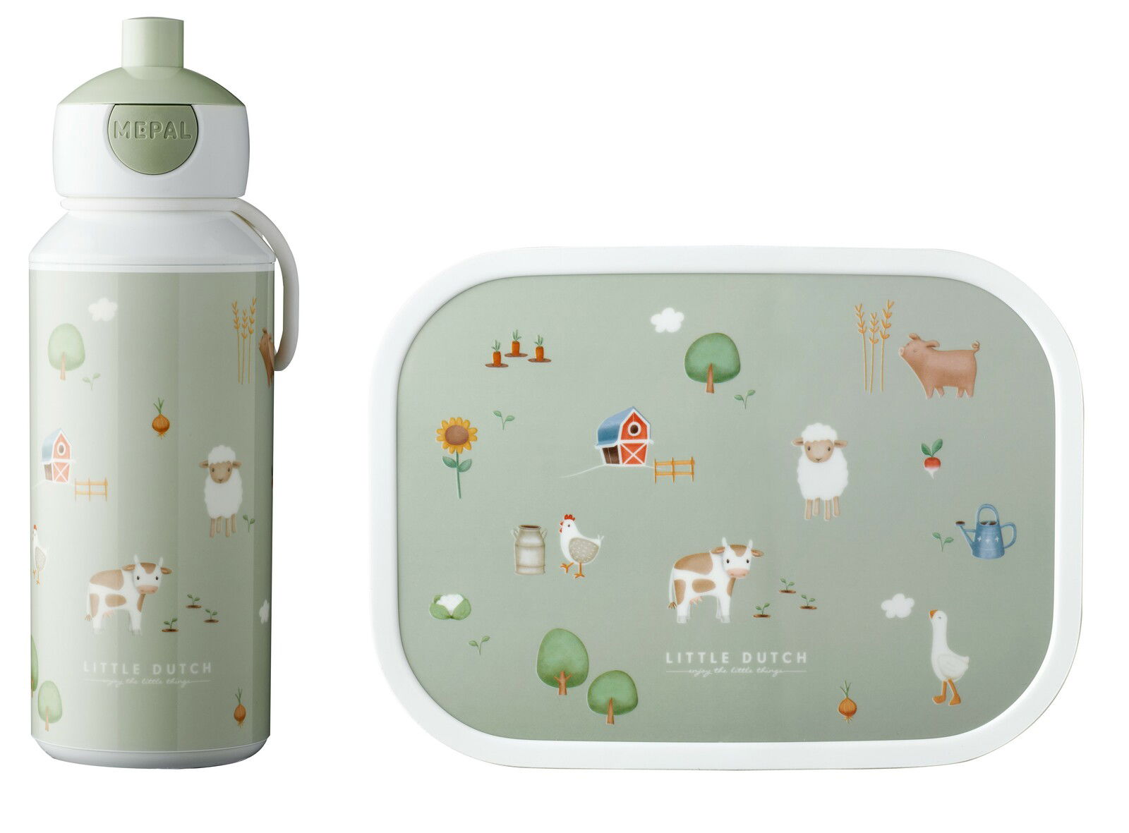 Lunchset Campus Little Farm mit Flasche und Brotdose, illustriert mit Bauernhofmotiven, aus der Vorderansicht.