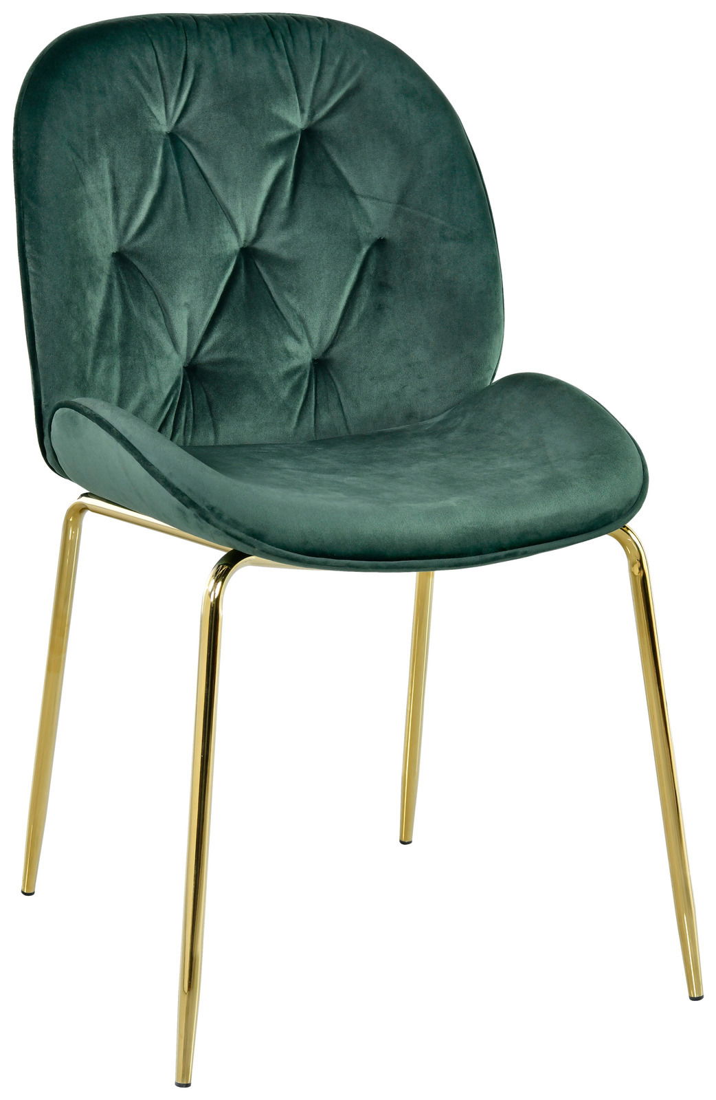 Grüner Samtstuhl mit goldenen Beinen, seitliche Perspektive