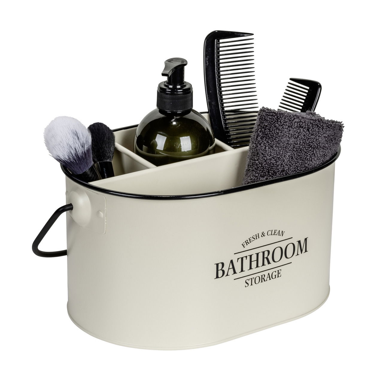 Ovale Badbox mit Griff, gefüllt mit Pflegeutensilien wie Bürsten, Seifenspender, Kamm und Handtuch, seitliche Perspektive