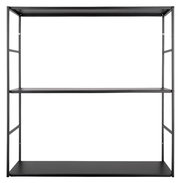 Schwarzes Wandregal mit drei Ebenen, frontale Ansicht