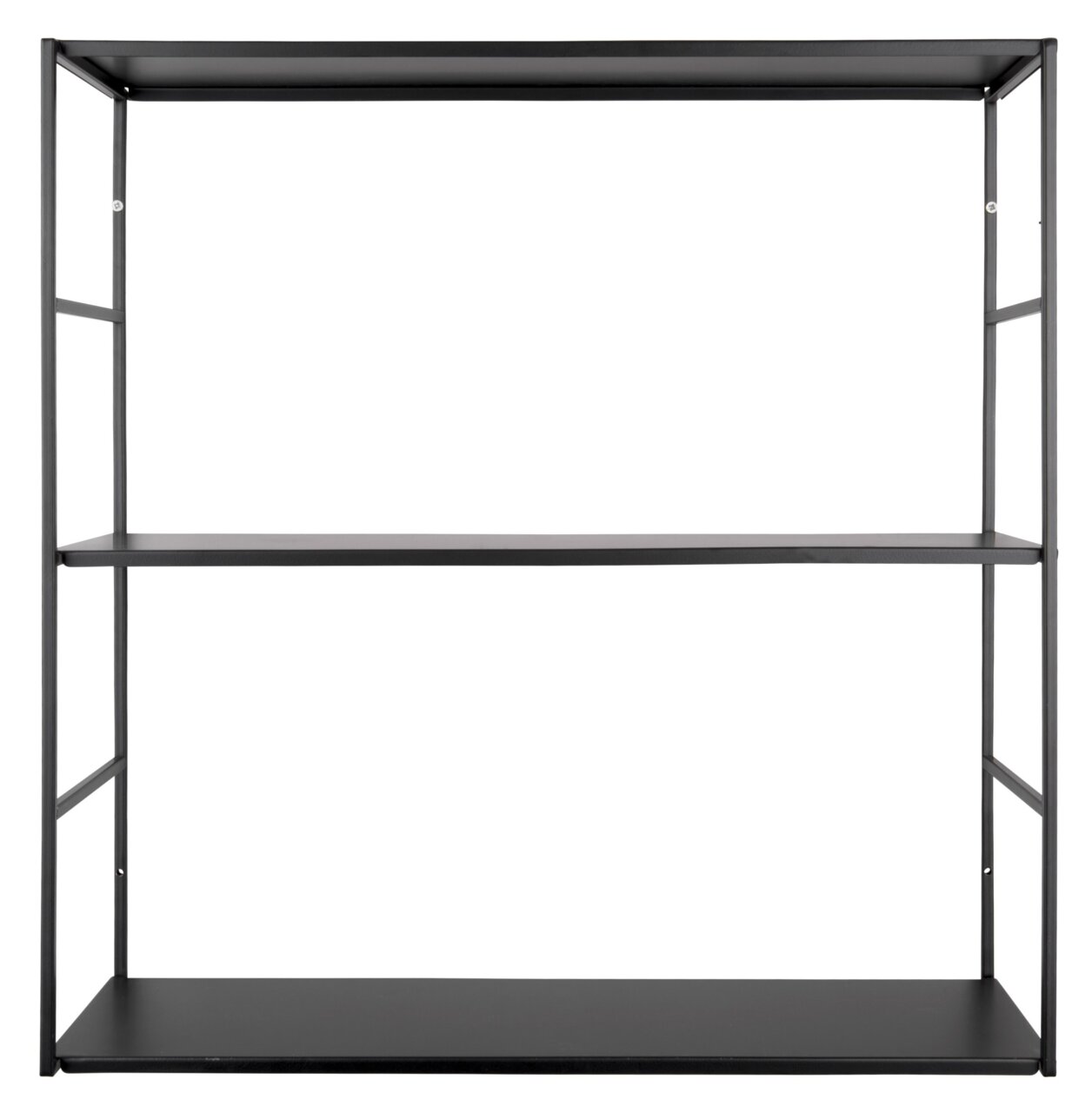 Schwarzes Wandregal mit drei Ebenen, frontale Ansicht