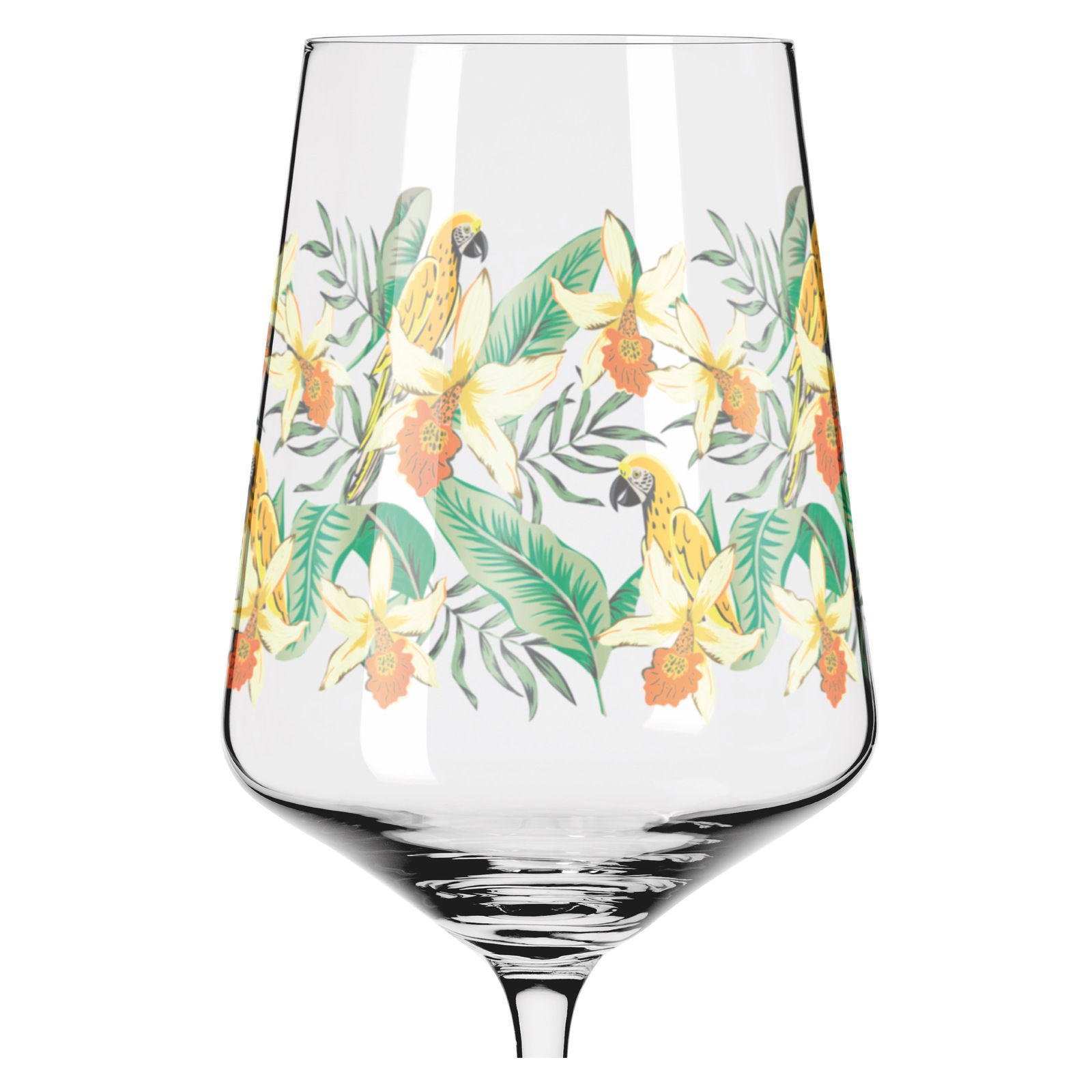 Weinglas mit tropischem Papageien- und Blumenmuster, seitliche Perspektive