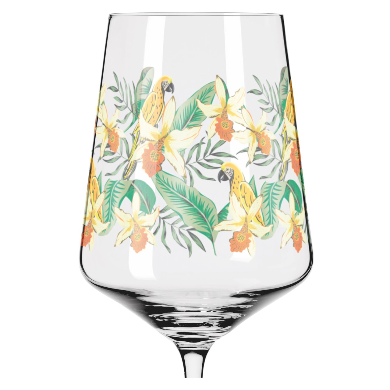Weinglas mit tropischem Papageien- und Blumenmuster, seitliche Perspektive