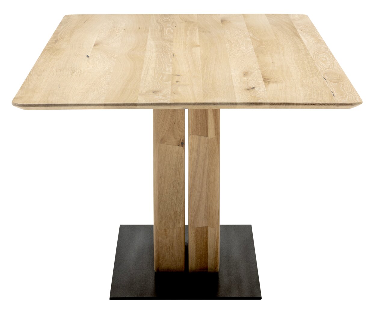 Esstisch aus Holz mit rechteckiger Tischplatte und stabiler Mittelsäule auf quadratischer Metallbasis, seitliche Perspektive.