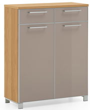 Moderner Schuhschrank aus Holz mit zwei Schubladen und zwei Türen, Frontansicht