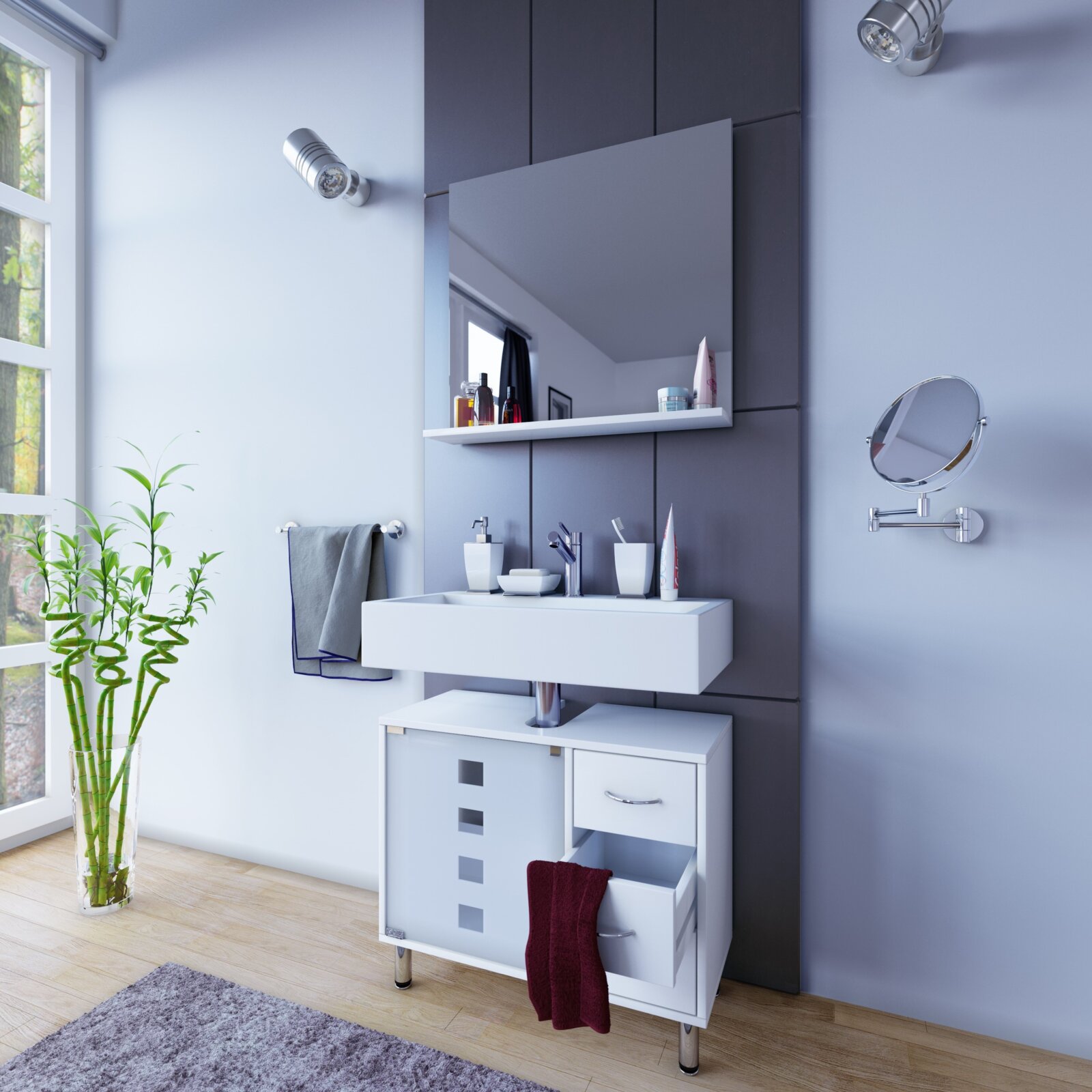 VCM Waschtischunterschrank DAROLA Modernes Badezimmer mit weißem Waschtisch und Unterschrank, großem Wandspiegel mit Ablage sowie runder Kosmetikspiegel und Handtuchhalter; Perspektive: leicht seitliche Frontansicht von links.
