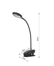LED-Klemmleuchte in seitlicher Perspektive mit flexiblem Hals, schwarzem Gehäuse und Maßen von 42 cm Höhe, 12 cm Breite und 11 cm Tiefe.