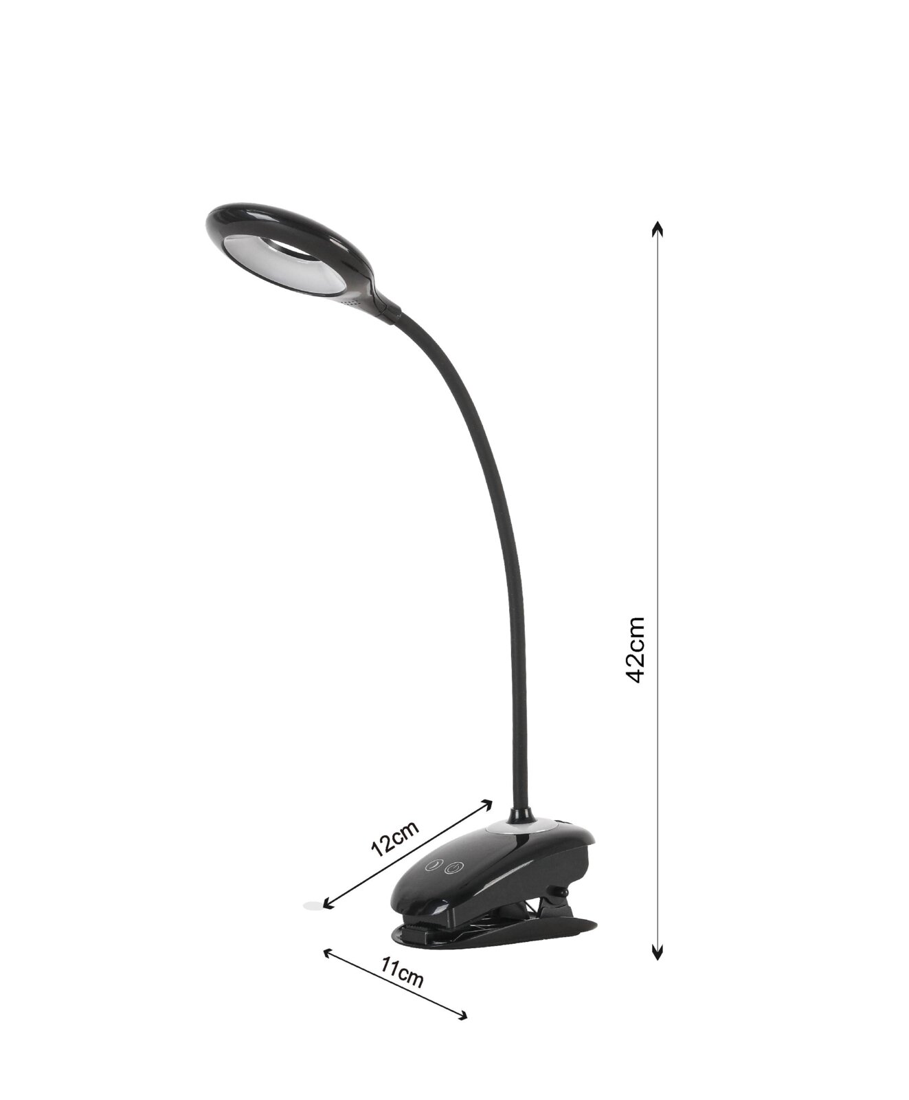LED-klemlamp in zijaanzicht met flexibele arm, zwarte behuizing en afmetingen van 42 cm hoog, 12 cm breed en 11 cm diep.