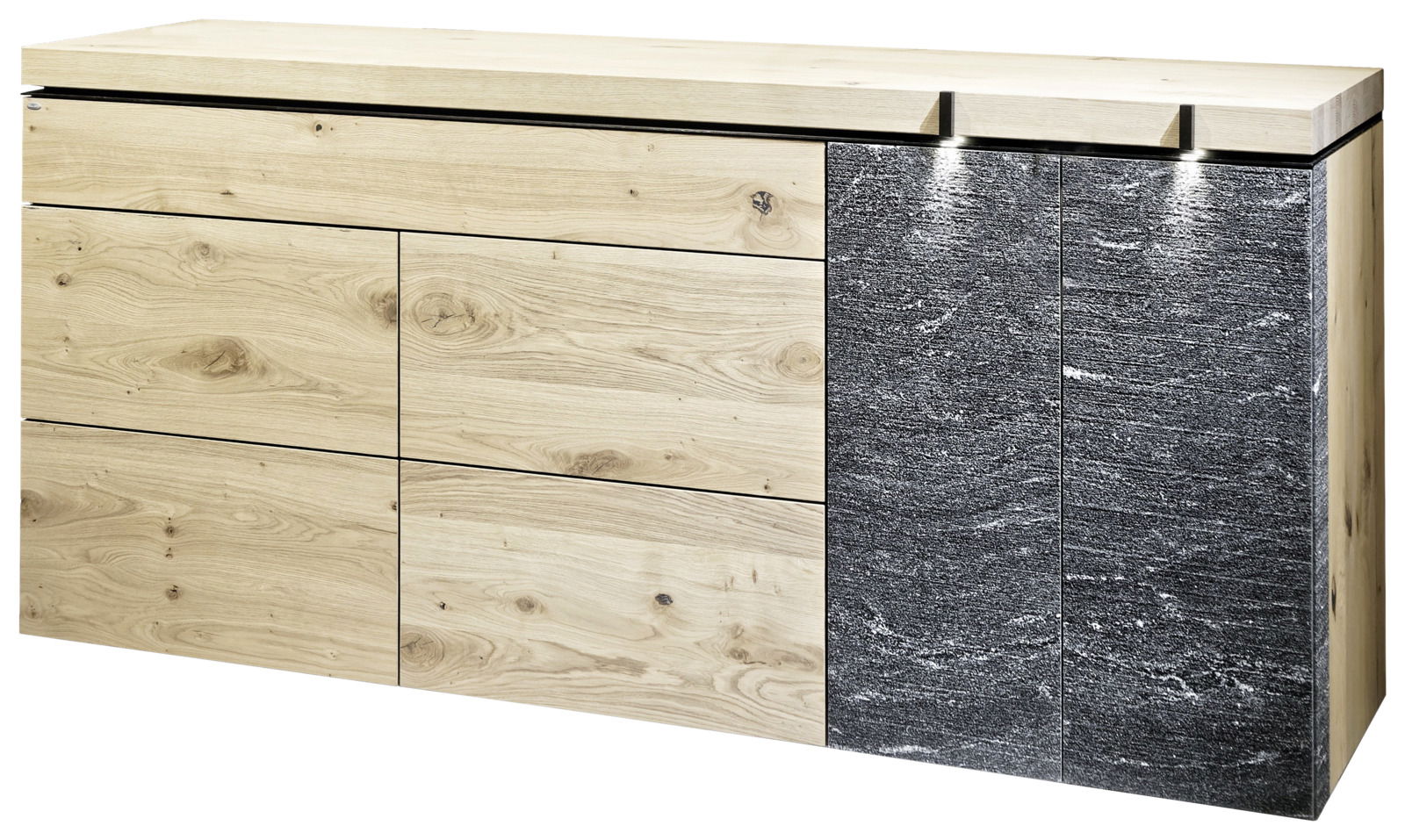 Voglauer Sideboard V-ROCK aus hellem Holz mit dunkler Steinoptik auf der rechten Seite, seitliche Perspektive