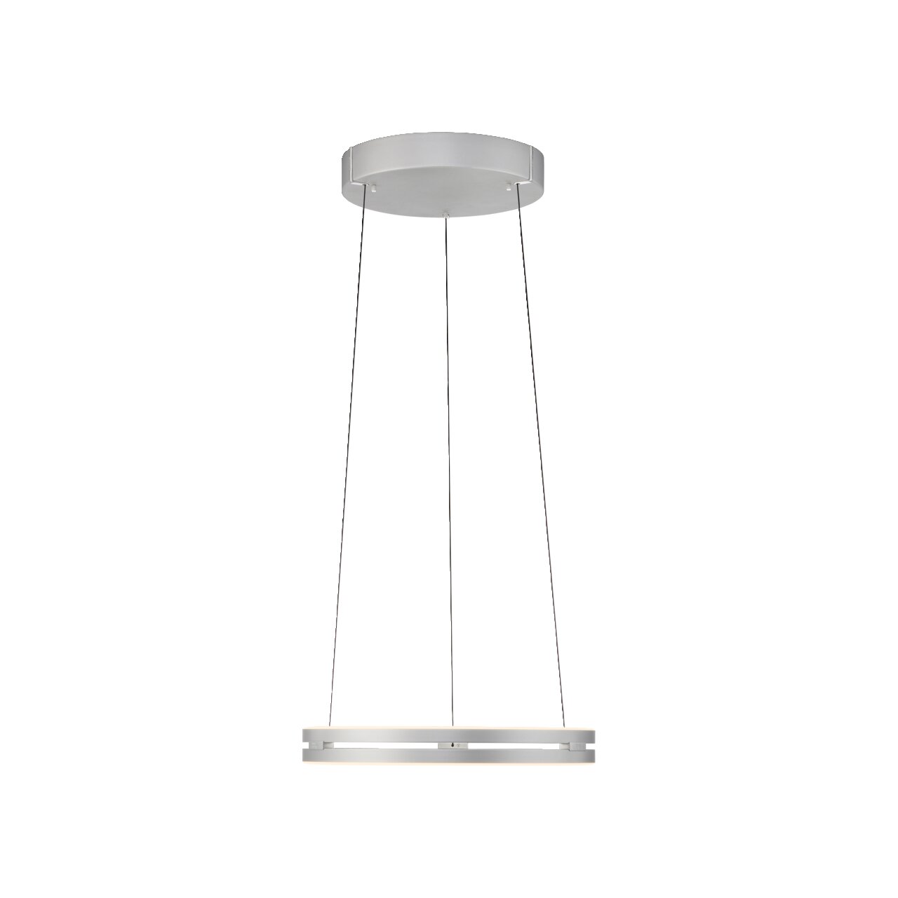 Moderne Pendelleuchte PURE E-Loop in silberner Farbe, von unten betrachtet, mit kreisförmigem Design und schlanken Kabeln.