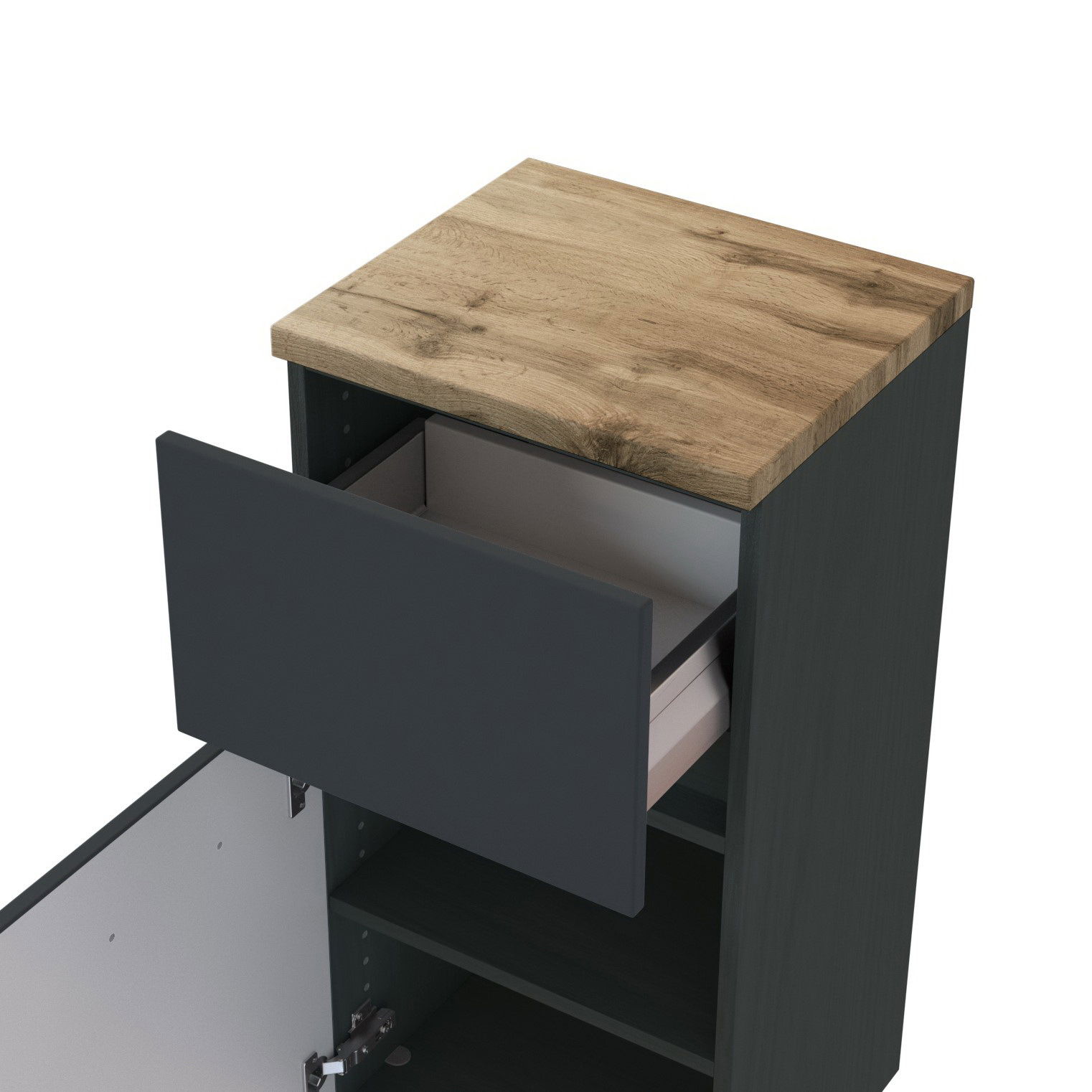 Unterschrank mit Holzoberfläche und offenem Schubfach, Perspektive von oben