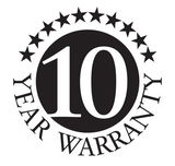 Rundes Emblem mit der Aufschrift '10 Year Warranty', umgeben von Sternen, aus der Vorderansicht.