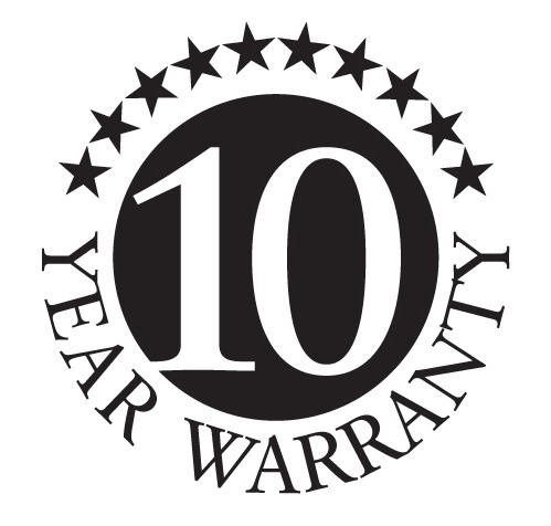 Rundes Emblem mit der Aufschrift '10 Year Warranty', umgeben von Sternen, aus der Vorderansicht.