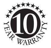 Rundes Emblem mit der Aufschrift '10 Year Warranty', umgeben von Sternen, aus der Vorderansicht.