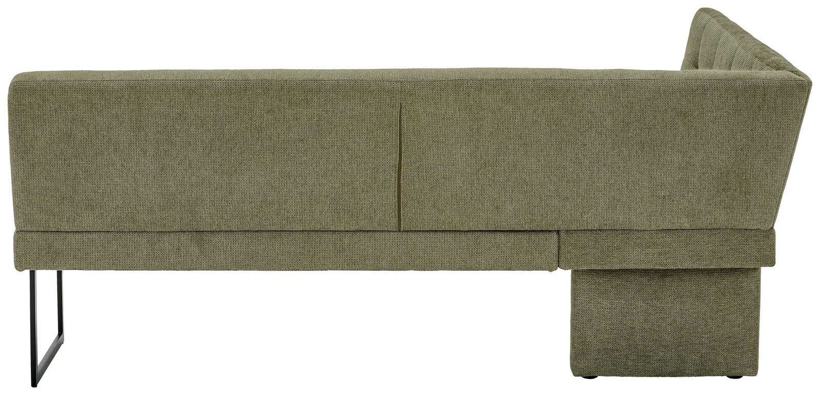 Rückansicht einer grünen Eckbank mit Metallbeinen, Perspektive von hinten.