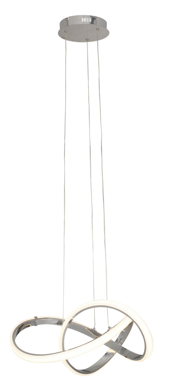 Moderne LED-Pendelleuchte mit verschlungenem Ringdesign, seitliche Perspektive