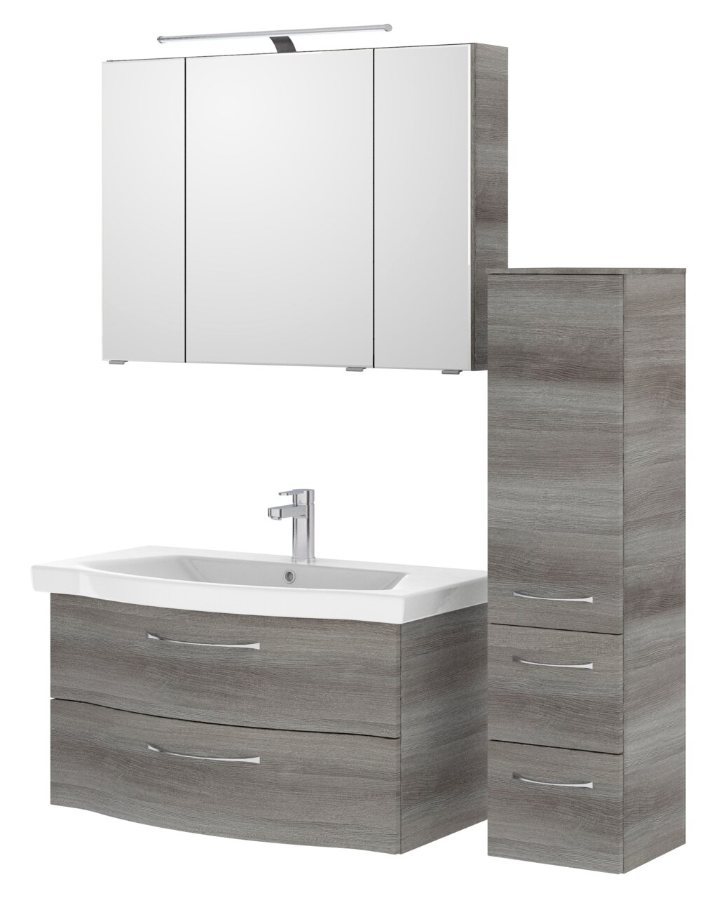 Pelipal Badblock SERIE 6005 SPRINT Moderner Badblock in Holzoptik mit Spiegelschrank, Waschbeckenunterschrank und hohem Seitenschrank, frontal betrachtet.