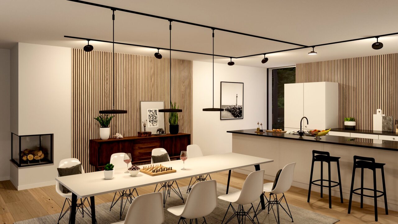 PAULMANN Schienenpendel Hildor URAIL Moderne Küche und Essbereich mit Schienenpendel Hildor, aus der Perspektive des Esstisches fotografiert.