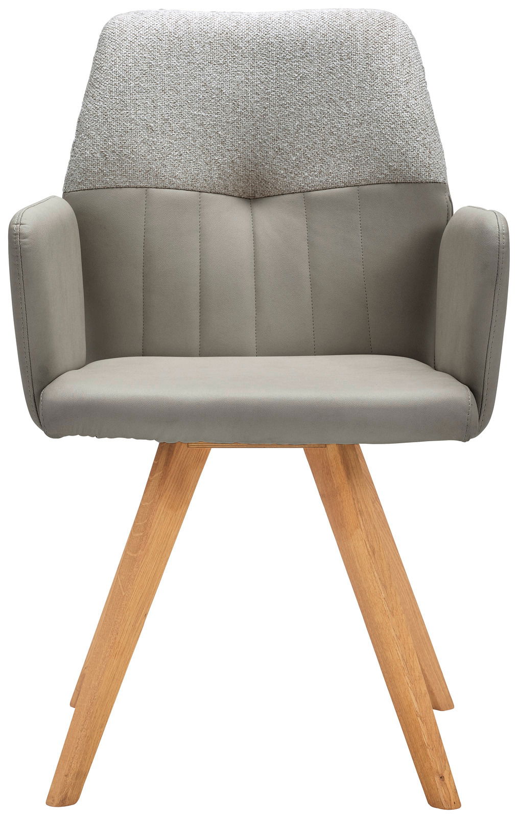 Moderner Armlehnstuhl mit grauem Polster und Holzbeinen, Frontalansicht