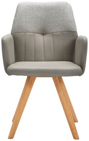 Moderner Armlehnstuhl mit grauem Polster und Holzbeinen, Frontalansicht