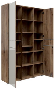 Geöffneter Aktenschrank in Holzoptik mit mehreren Fächern, seitliche Perspektive