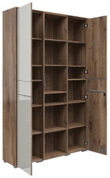 Geöffneter Aktenschrank in Holzoptik mit mehreren Fächern, seitliche Perspektive