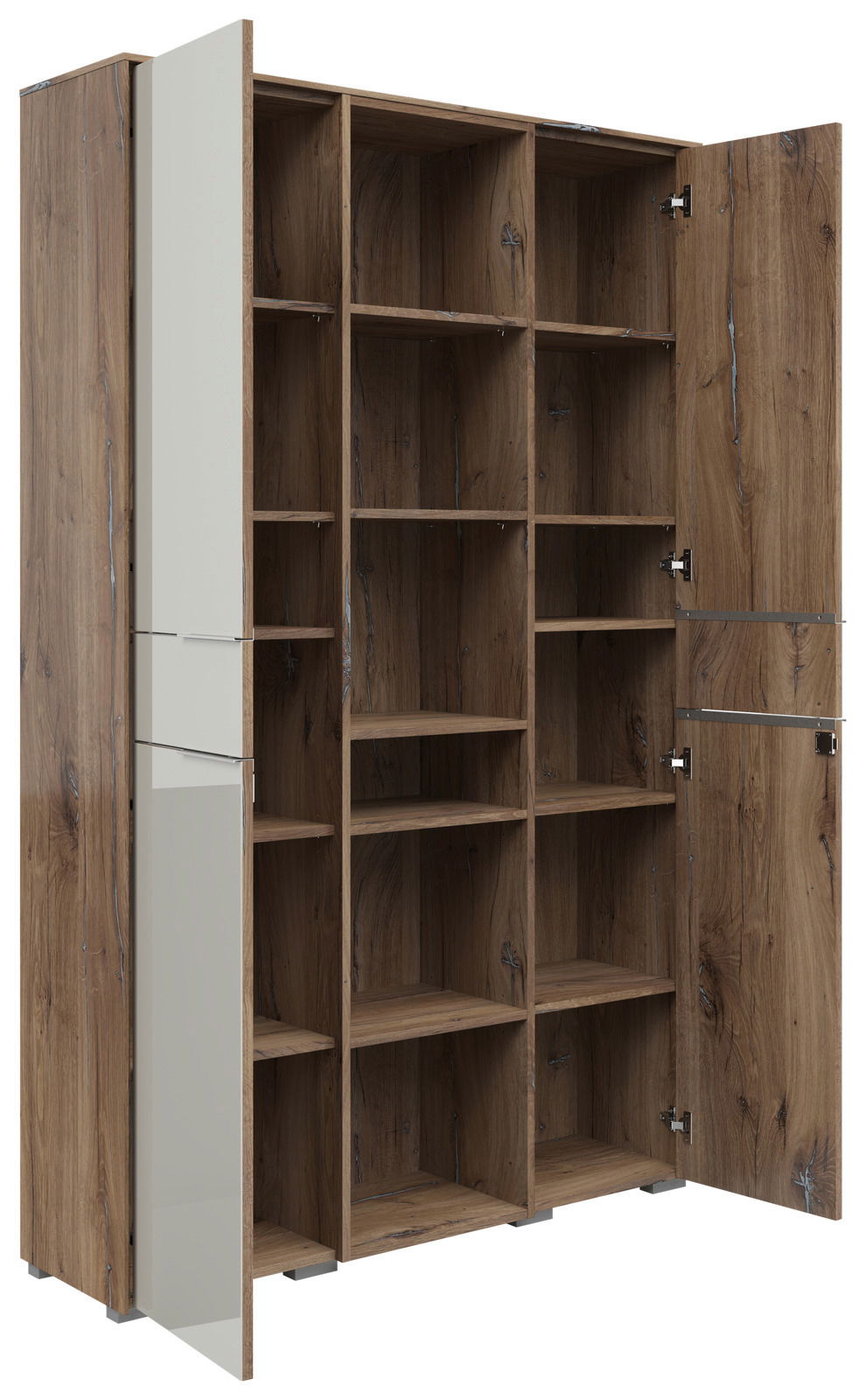 Geöffneter Aktenschrank in Holzoptik mit mehreren Fächern, seitliche Perspektive